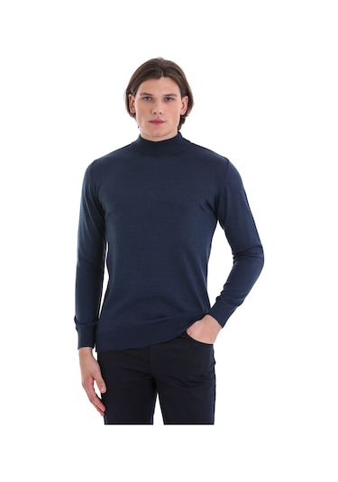 Hatemoğlu İndigo Regular Fit Düz Yarım Balıkçı Yaka Yünlü Triko Kazak İndigo