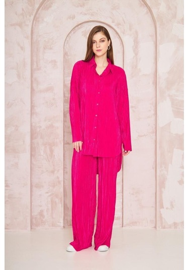 Kadın Pliseli Beli Lastikli Pantolon Tunik Gömlek Ikili Bürümcük Salaş Takım 3573300 Fuşya