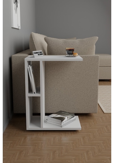 C Yan Sehpa Tekerlekli Koltuk Kenarı Dergilik Sehpa Beyaz