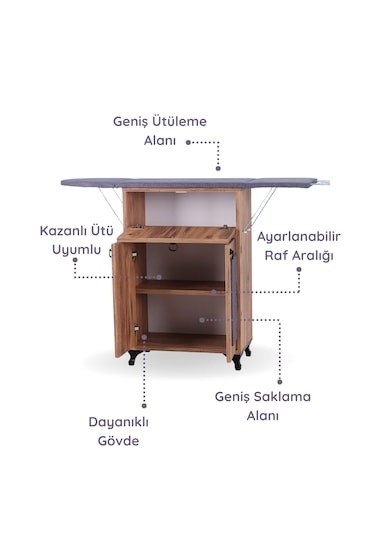 Rose Katlanır Dolaplı Ütü Masası / Ütü Dolabı Çam Gövde, Antras