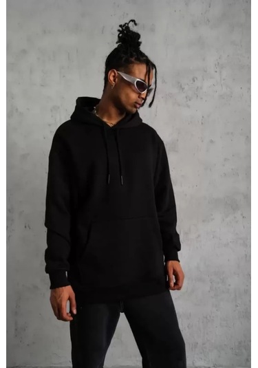 Erkek Düz Kapüşonlu Sweat - Siyah renkli