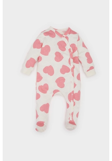 DeFacto Kız Bebek Yenidoğan Kalp Desenli Penye Uzun Kollu Çıtçıtlı Tulum E6046A5NSER233 Ekru