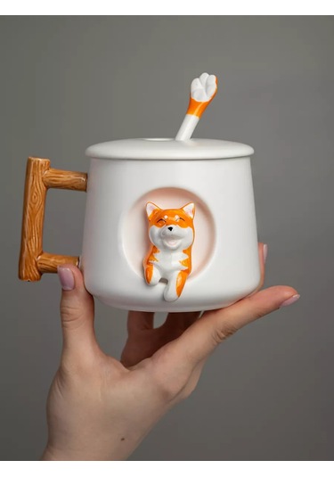 Teplo V Rukah Kapaklı Ve Kaşıklı Shiba Inu Fincanı 219546017 Beyaz