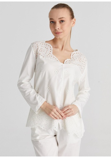 Magic Form 17108 Brodeli Uzun Kollu Pijama Takımı Ekru