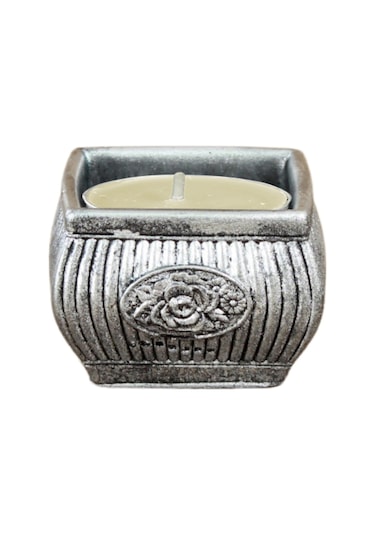 Eskitme Mumluk Şamdan Tealight Mum Uyumlu Mini Çizgili Çiçekli Model - Gümüş Eskitme