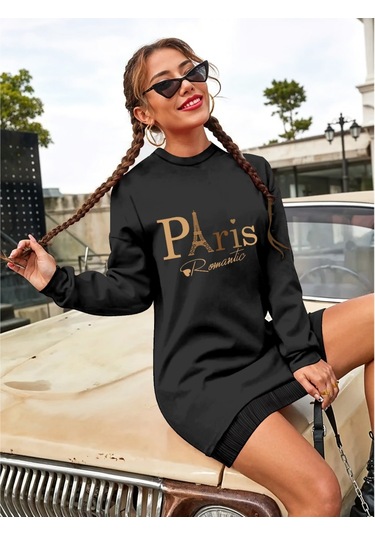 Stilaura Kadın Uzun Kollu Bisiklet Yaka Yazılı Kısa Viskon Iki Iplik Elbise Siyah