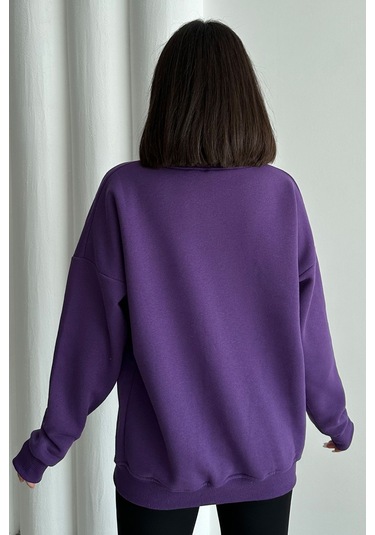 Kadın Mor Aslan Baskılı Oversize Bisiklet Yaka Sweatshirt Mor
