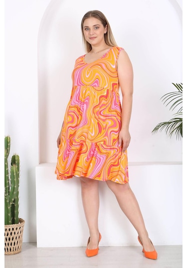 Kadın Turuncu Pembe Ebru Desen Büyük Beden Katlı Elbise Turuncu