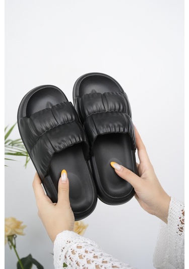 Modafrato Fırfır Kadın Terlik Plaj Deniz Havuz Terliği Siyah