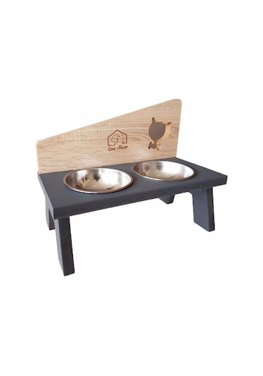 Liva Kedi Figürlü Ahşap Standlı İkili Kedi Mama ve Su Kabı