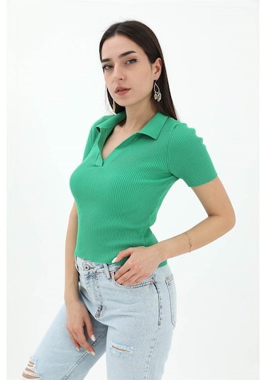 Polo Yakalı Kısa Kol Triko Kazak - Yeşil - Kadın Yeşil