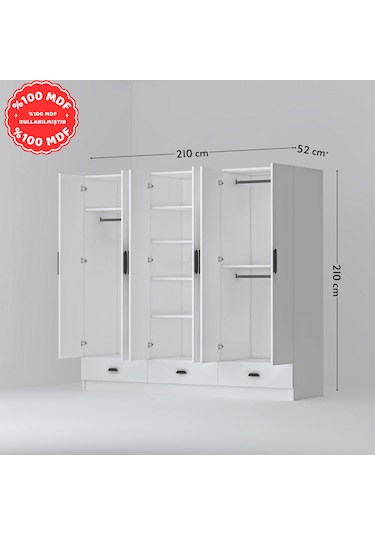İnci 6 Kapak 3 Çekmeceli Gardırop %100 Mdf