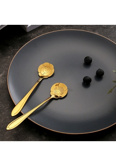 Kosona Altın Renkli Çelik Çiçek Desenli Kahve Kaşığı - Ev Kullanıma Uygun, Dayanıklı Ve Şık Hediyelik Spoon Diğer