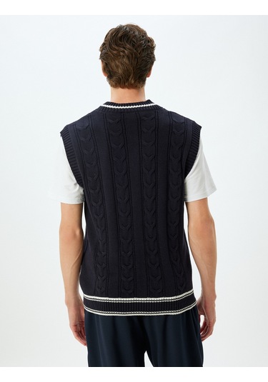 Koton Triko Süveter V Yaka Dokulu Kolsuz Pamuk Karışımlı Lacivert 5wam70139ht