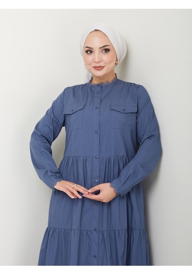 Dantelli Doğal Kumaşlı Boydan Düğmeli Kot Elbise İndigo