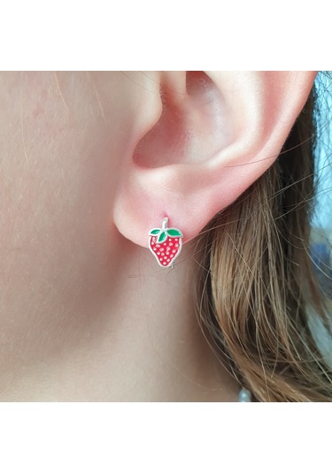 MAGRİB kırmızı çilekli gümüş çocuk küpesi