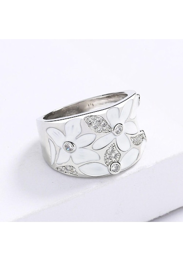 Beyaz Zarif Pembe Çiçek Yüzük Kadın Moda El Yapımı Emaye Kadın Takı Düğün Gelin Yüzüğü Parti Takı 6 Beyaz