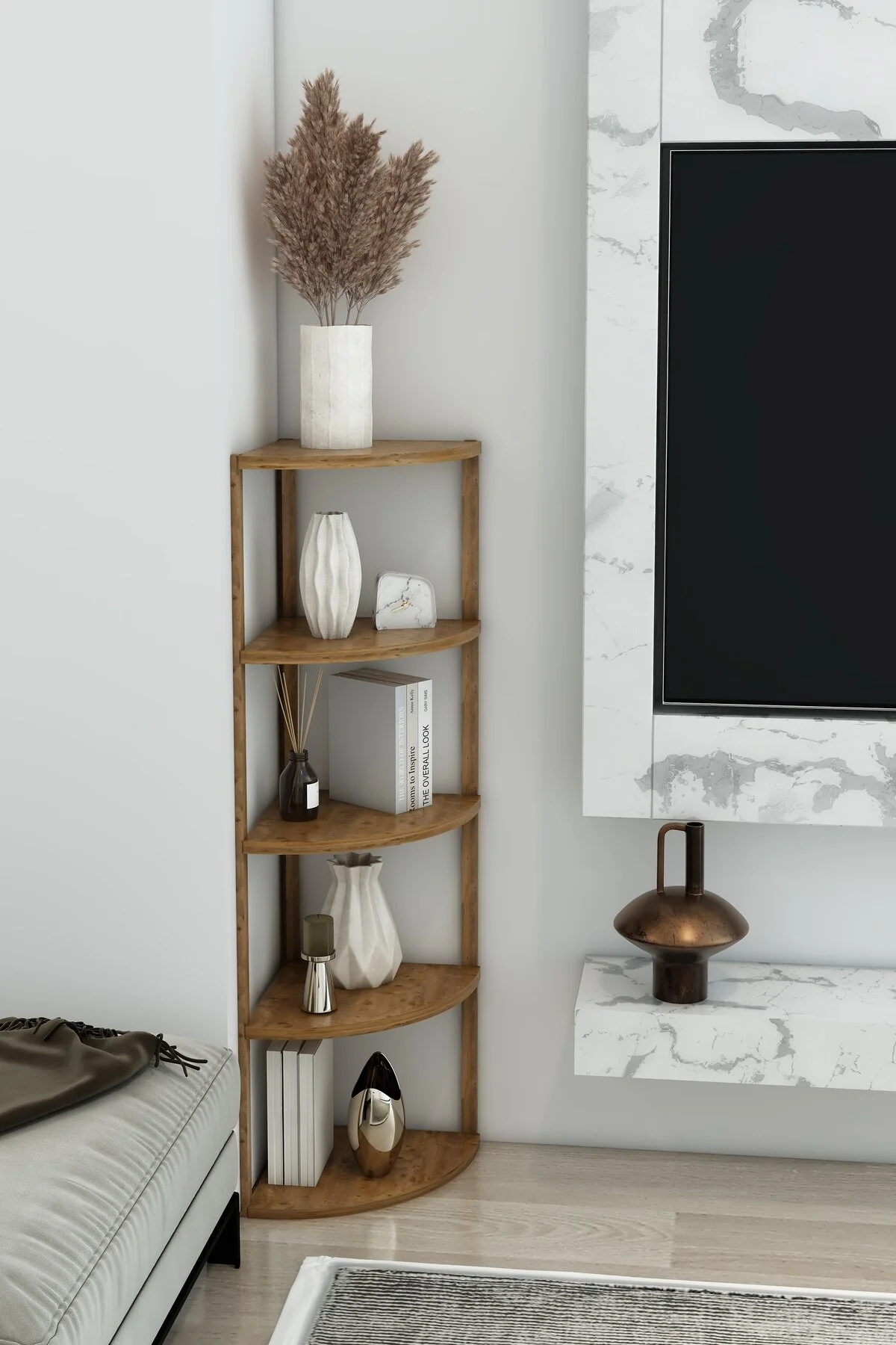 Zümrüt 5 Katlı Üçgen Ahşap Çok Amaçlı Sehpa / Saksılık-çiçeklik / Dekoratif Raf Atlantik Çam