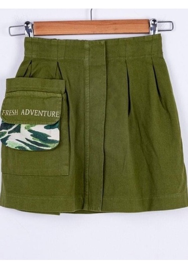 Kız Çocuk Cepli Tasarım Cep Detaylı Camping Etek-13361-yeşil Yeşil
