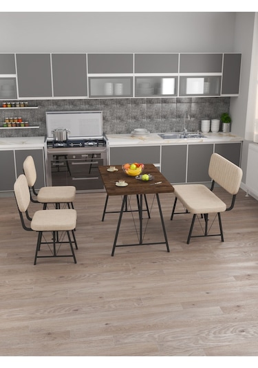 Mygusi Hayat 2 Sandalyeli 1 Bench Mutfak Masası Amalfi Ceviz Krem