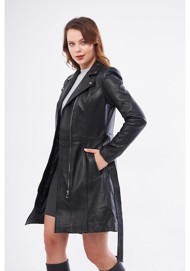 Derinss Dka2391 Hakiki Deri Kadın Siyah Pardesü 001