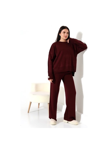 Rahat Kalıp Kol Detaylı Triko Takım Bordo