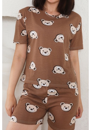 Fames Pijama Yazlık Desenli Loose Crop Şortlu Pijama Takım Kahverengi