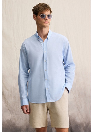 Lasse Erkek Gömlek Yaka Manşetli Uzun Kollu Regular Fit Keten Karışımlı Mavi Gömlek