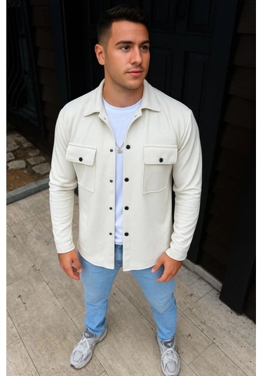 Erkek Diagonal Kumaş Cepli Çıtçıtlı Uzun Kollu, Gömlek Oversize Rahat Kalıp Günlük Şık Til Beyaz Beyaz