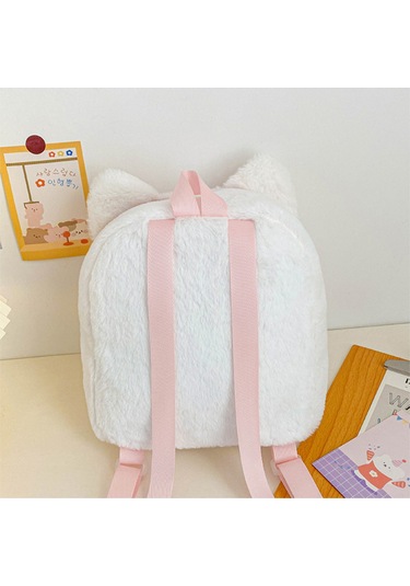 Ranyeek Mor Kedi Desenli Yumuşak Plüsh Çift Askılı Çanta 26x32x8 Cm Çok Renkli