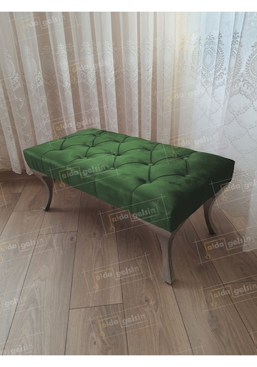 Kapitoneli Ayak Ucu Kapı Önü Antre Bench Puf Gümüş Ayak 90 45 Yeşil