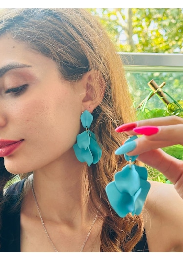 Yaprak Tasarım Kadın Küpe 7 Cm Mavi
