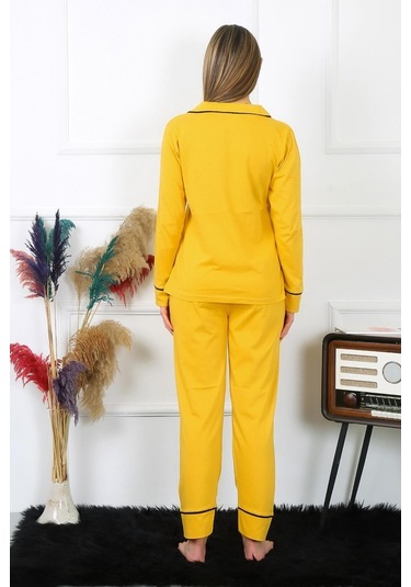 Akbeniz Kadın Pamuk Penye Önden Düğmeli Uzun Kol Sarı Pijama Takım 2782-sarı Sarı