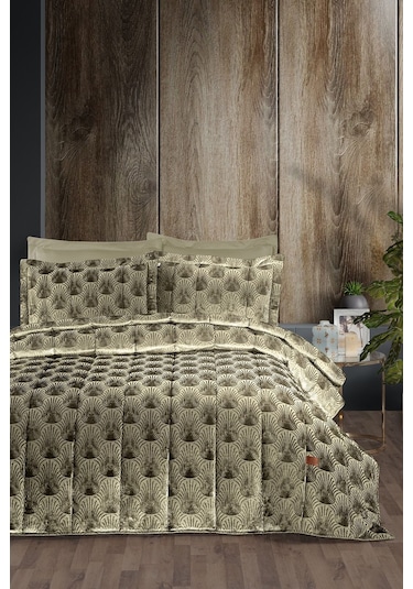 Lucianna Jakar Kadife Çift Kişilik Yatak Örtüsü Takımı Sage Bej