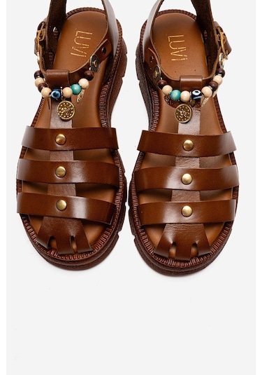 Luvishoes Solıs Taba Hakiki Deri Boncuklu Kadın Sandalet