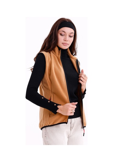 Monox Kadın Slim Fit Tam Fermuarlı Polar Yelek Kahve