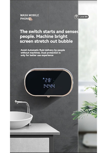 Moveevo Dokunsuz Akıllı Köpük Dağıtıcı - Sayısal Göstergeli, Şarjlı, Duvar Montlu, 3 Modlu El Yıkama Cihazı Siyah