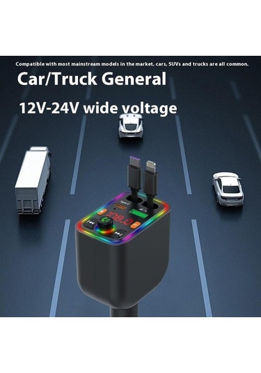 Y6 Geri Çekilebilir Kablo Eq Ayarı Bluetooth Fm Verici Araç Şarj Cihazı Mp3 Çalar