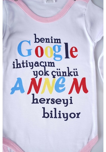 Yeni Sezon Google Annem Yazılı Bebek Çocuk Uzun Kol Pamuk Bady Zıbın Pembe