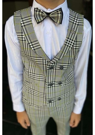 Riccotarz Erkek Çocuk Kare Desen Ve Şal Yaka Yelekli Yeşil Takım Elbise Yeşil