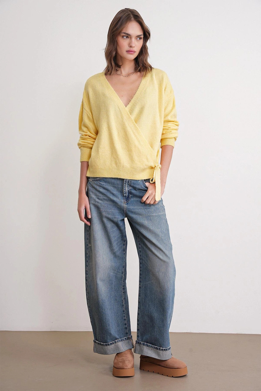 6959 Kadın Fiyonklu Triko Hırka Sarı Sarı