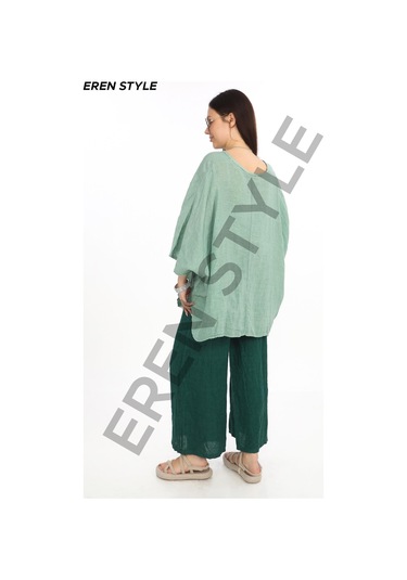 Bohem Kuruvaze Tek Düğmeli Keten Bluz-9884 Su Yeşili