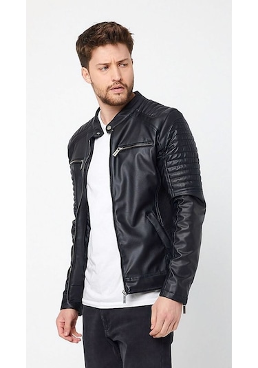 Oliggopol Erkeksiyah İç Cepli Slim Fit Deri Ceket Mont Haki