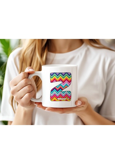 Z Harfi Renkli Zigzag Desenli Kupa Bardak - Afrika Tarz Etnik Tasarım Kupa - Kişiye Özel Beyaz