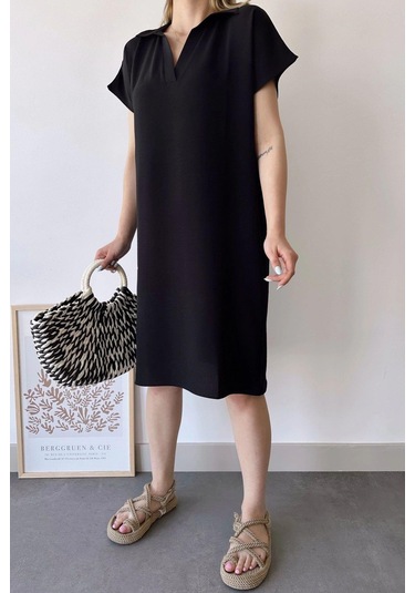 Kadın Siyah Kısa Kol, Polo Yaka, Dokulu Desen, Basic Kalıp/kesim, Aerobin Rahat Midi Elbise Siyah