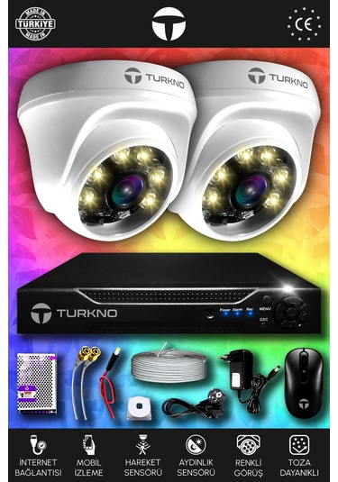 Turkno 2 Kameralı Domie 2 İç Kamera Set HDD'siz Full HD Renkli Gece Görüşlü Güvenlik Kamerası Sistemi