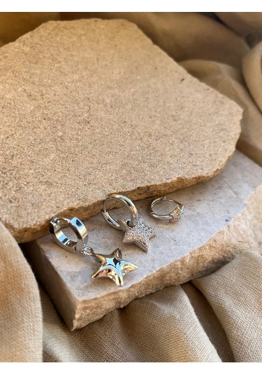 Gümüş Renkli Taşlı Yıldızlı Üçlü Küpe