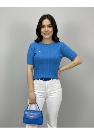 Hidafashion Saç Örgü Polo Nakışlı Tişört Mavi