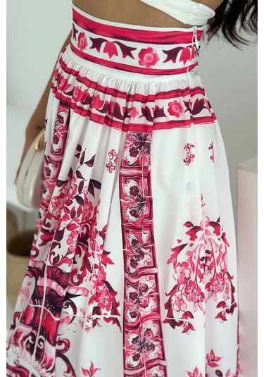 İthal Krep Kumaş Desenli Etek Pembe Mavi