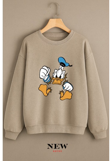 Ördek Baskılı Bisiklet Yaka Sweatshirt Taş Rengi